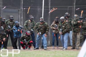 group getting ready for a paintball game